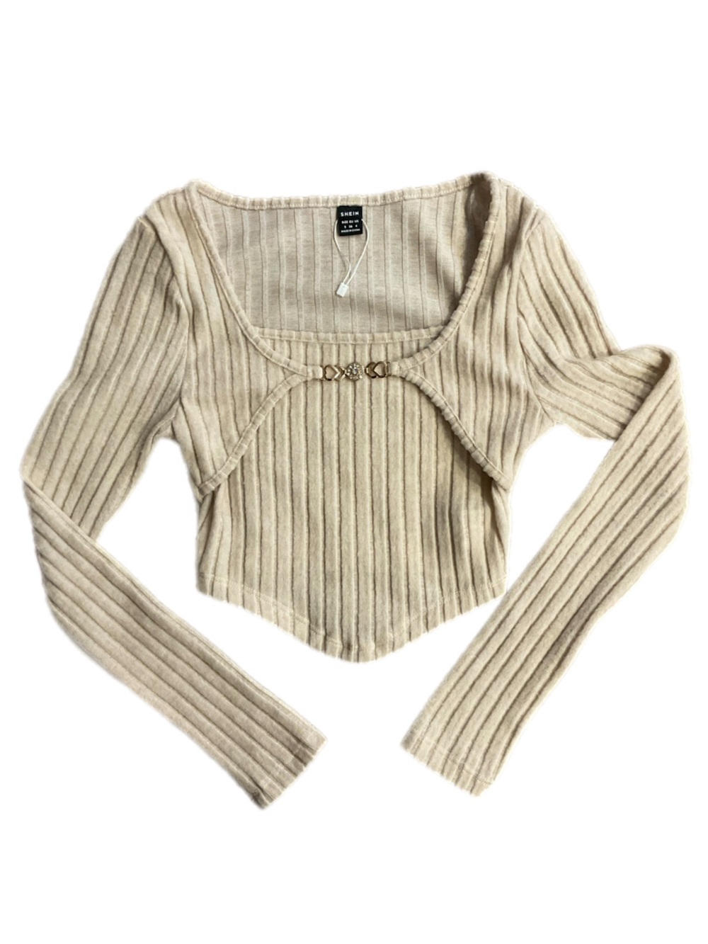 SHEIN Cream Ribbed Cropped Knit Top with Gold Clasp